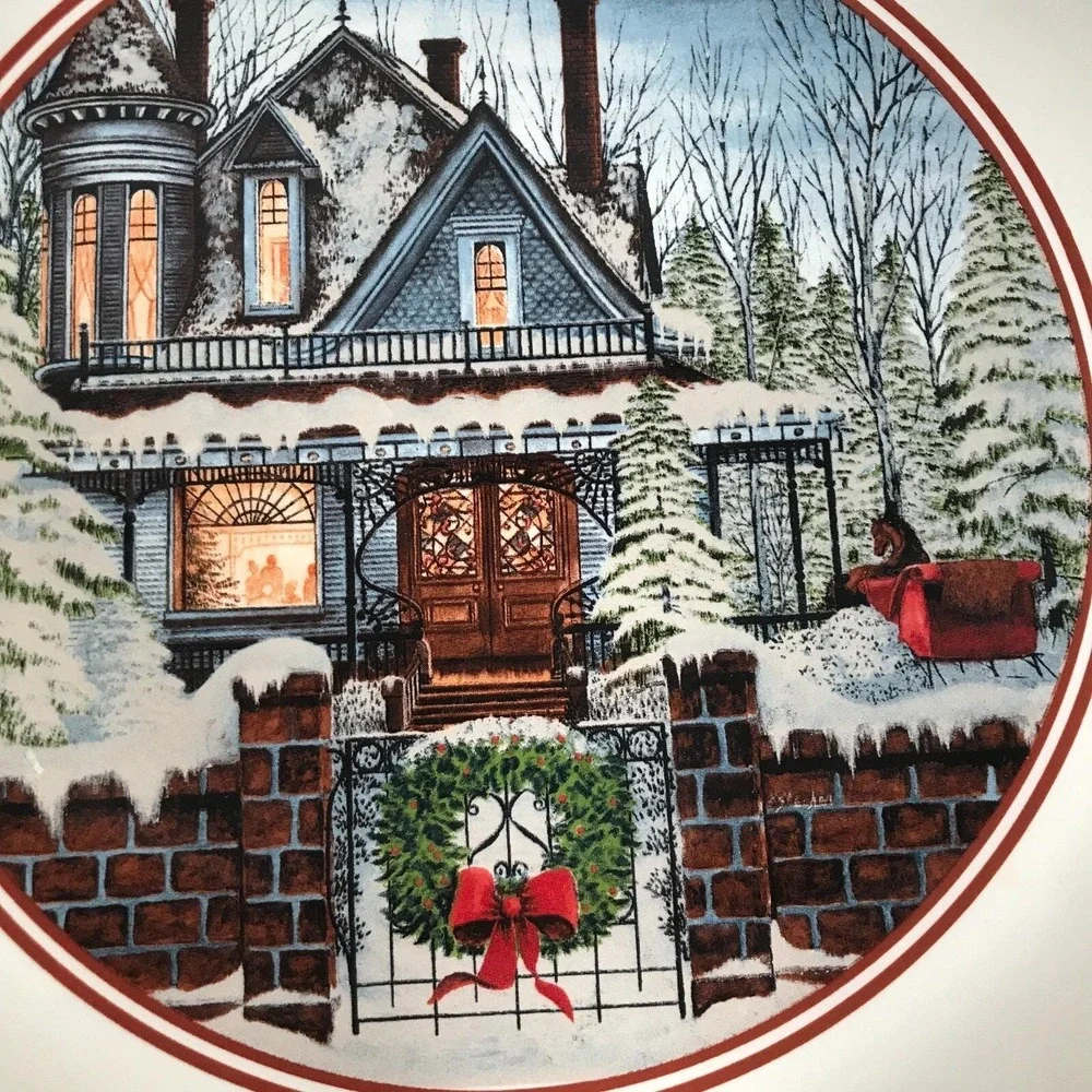 Watkins 1999 Cranilla Pecan Pie Plate Ceramic Winter Victorian House Sleigh 5901